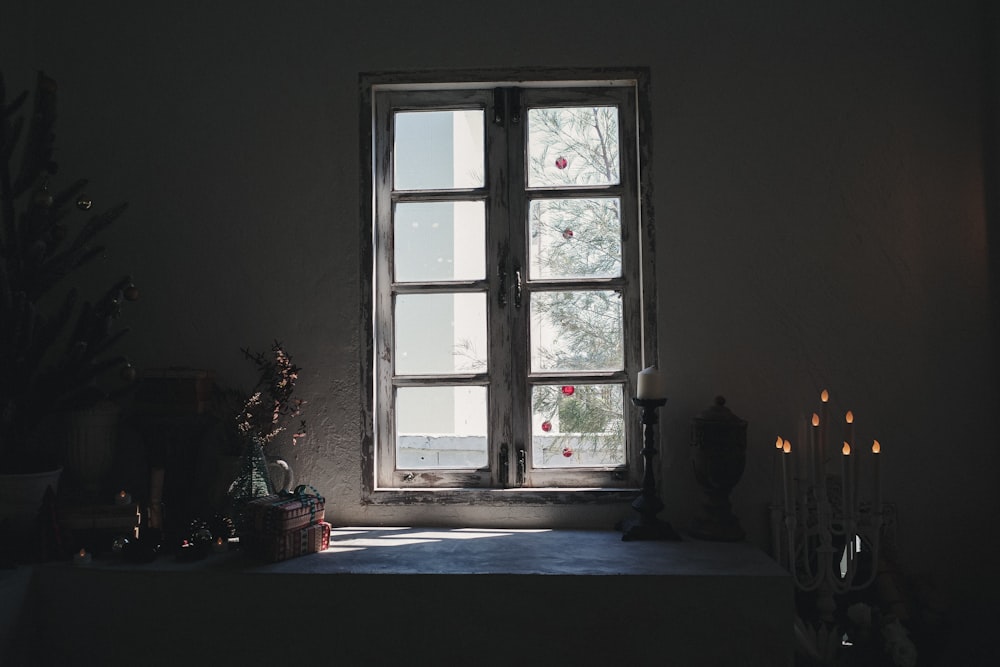 a window in a dark room