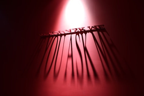 A three-dimensional installation casts a dramatic shadow on a red wall, illuminated by a spotlight above. The shadow forms elongated letters, creating an artistic and mysterious effect.