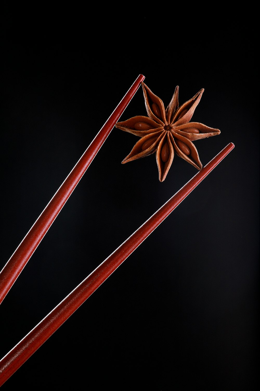 um anis estrela e dois pauzinhos vermelhos em um fundo preto