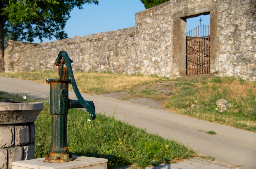 a green fire hydrant sitting on the side of a road