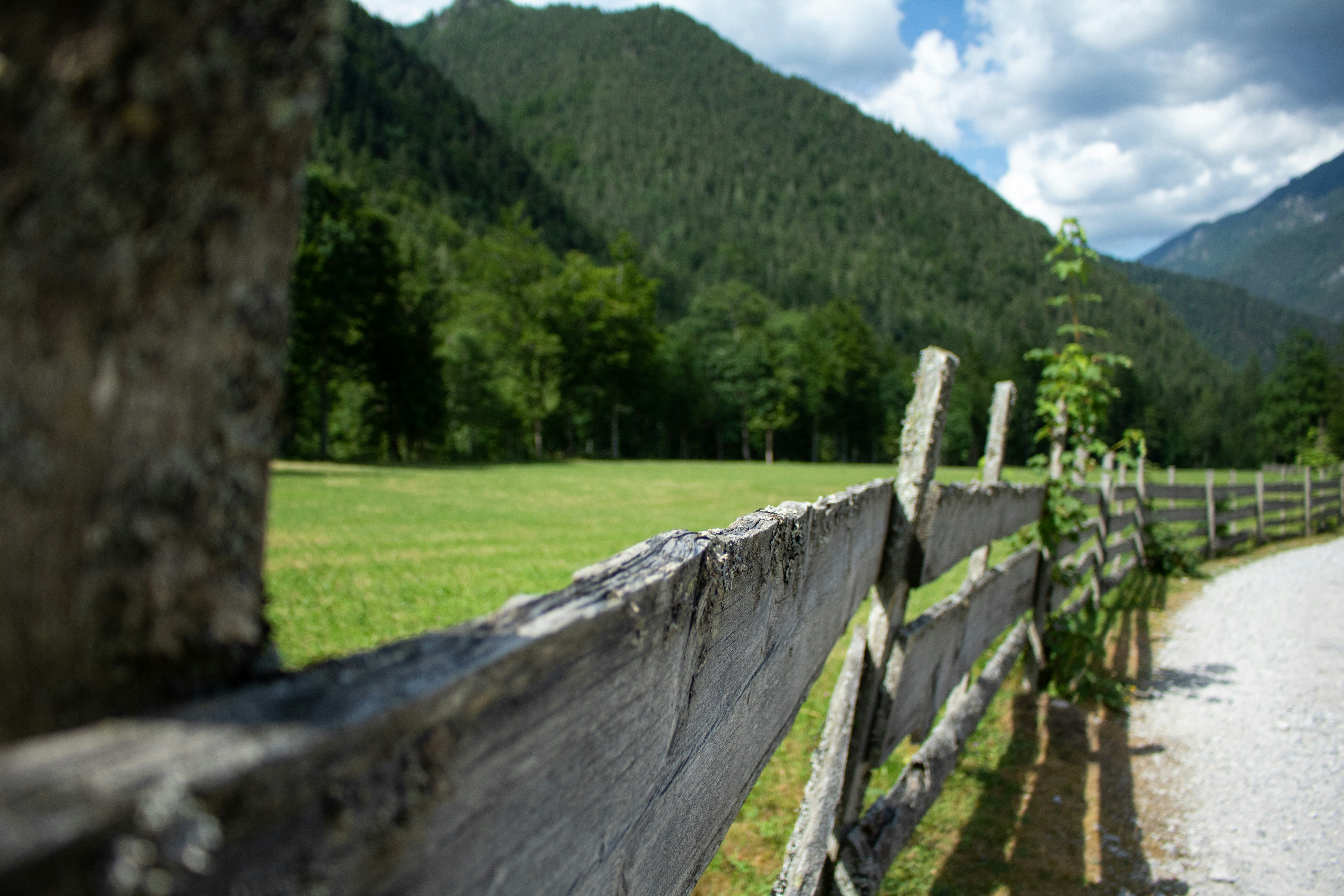 a wooden fence in front of a grassy field