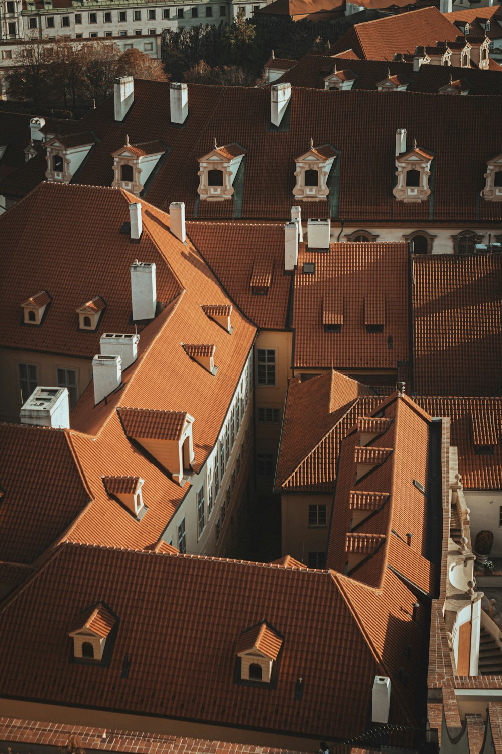 an aerial view of rooftops and buildings in a city
