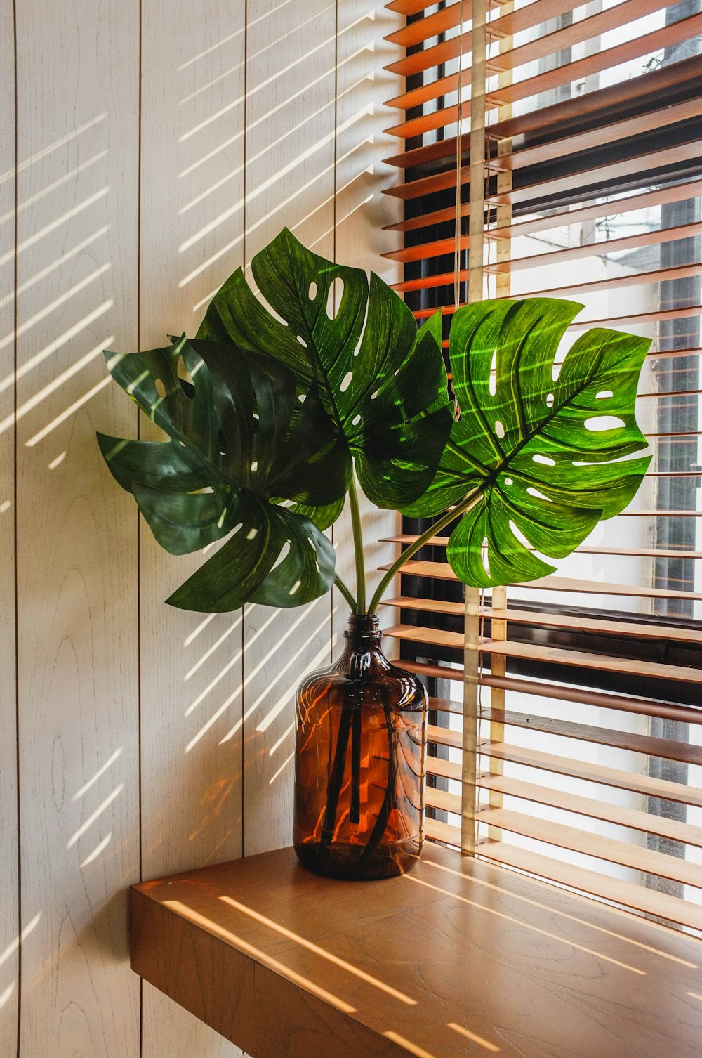 a green plant in a brown vase sitting on a window sill