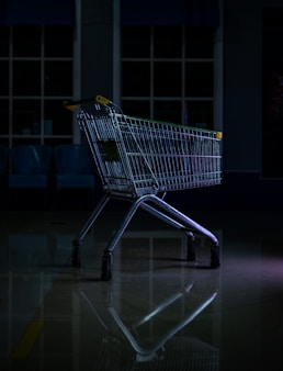 a shopping cart sitting on the floor in a dark room