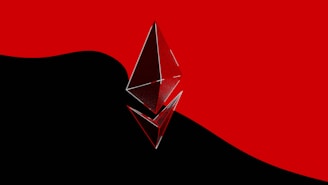 A metallic and reflective Ethereum logo is prominently placed in the foreground, set against a stark backdrop divided between bold black and vivid red colors.