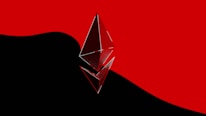 A metallic and reflective Ethereum logo is prominently placed in the foreground, set against a stark backdrop divided between bold black and vivid red colors.