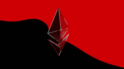 A metallic and reflective Ethereum logo is prominently placed in the foreground, set against a stark backdrop divided between bold black and vivid red colors.