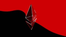 A metallic and reflective Ethereum logo is prominently placed in the foreground, set against a stark backdrop divided between bold black and vivid red colors.