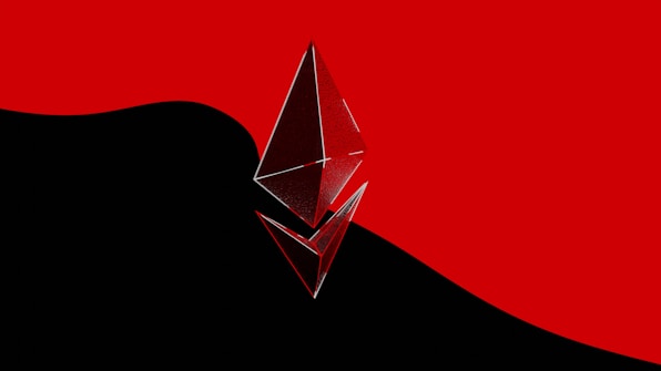 A metallic and reflective Ethereum logo is prominently placed in the foreground, set against a stark backdrop divided between bold black and vivid red colors.