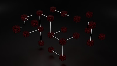Clusters of interconnected cubes with a dark, web-like texture are set against a black background, with some cubes connected by thin white lines.