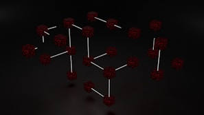Clusters of interconnected cubes with a dark, web-like texture are set against a black background, with some cubes connected by thin white lines.