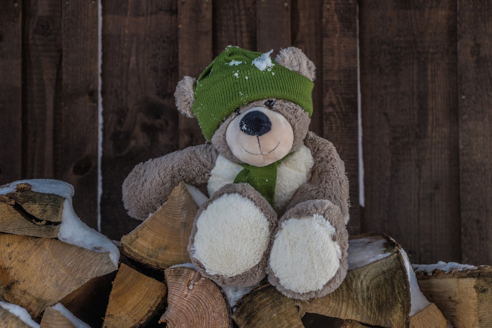 a teddy bear sitting on top of a pile of logs