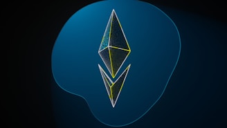 A geometric design consisting of two three-dimensional kite-shaped polygons stacked vertically against a gradient blue background. The shapes have thin outlines with a neon yellow tint, creating a modern and digital appearance.