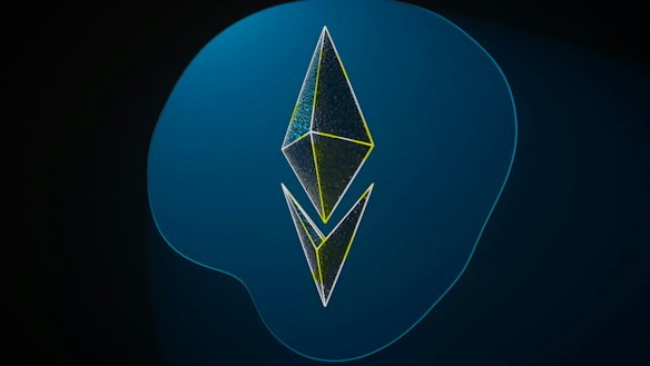 A geometric design consisting of two three-dimensional kite-shaped polygons stacked vertically against a gradient blue background. The shapes have thin outlines with a neon yellow tint, creating a modern and digital appearance.