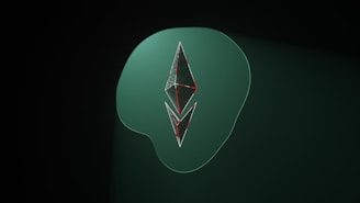 A stylized, geometric shape resembling the Ethereum logo is set against a dark green background. The shape is made of metallic, reflective surfaces with thin red outlines. It sits atop a larger, soft-edged shape in a lighter shade of green.