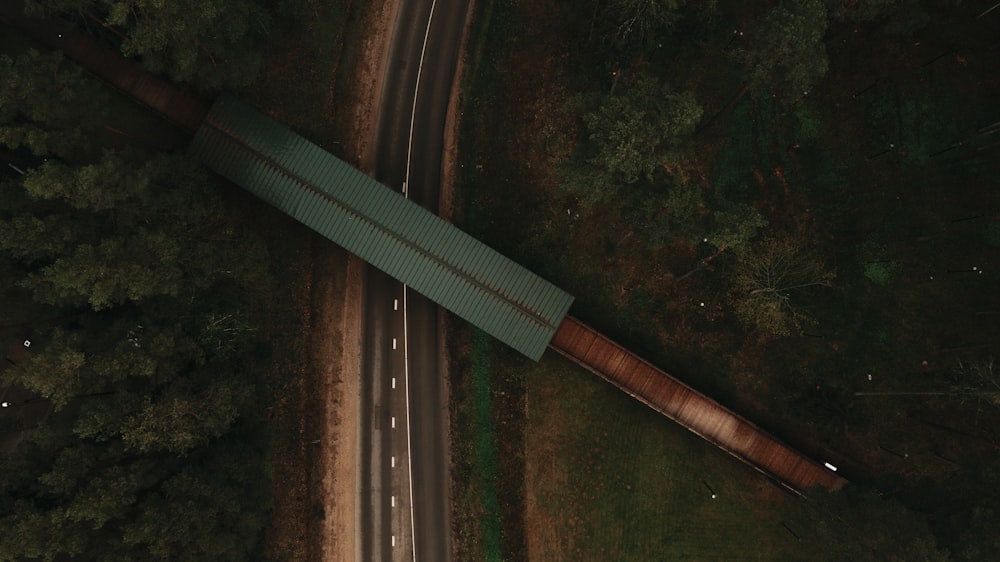 an overhead view of a road and a bridge