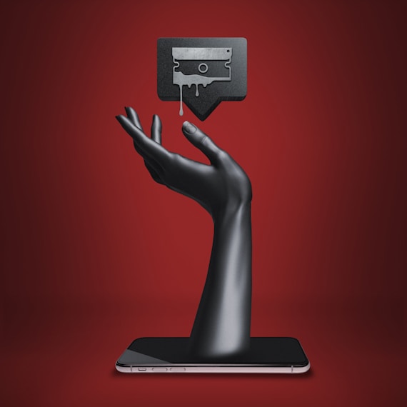 a hand holding a tablet with a tv on top of it