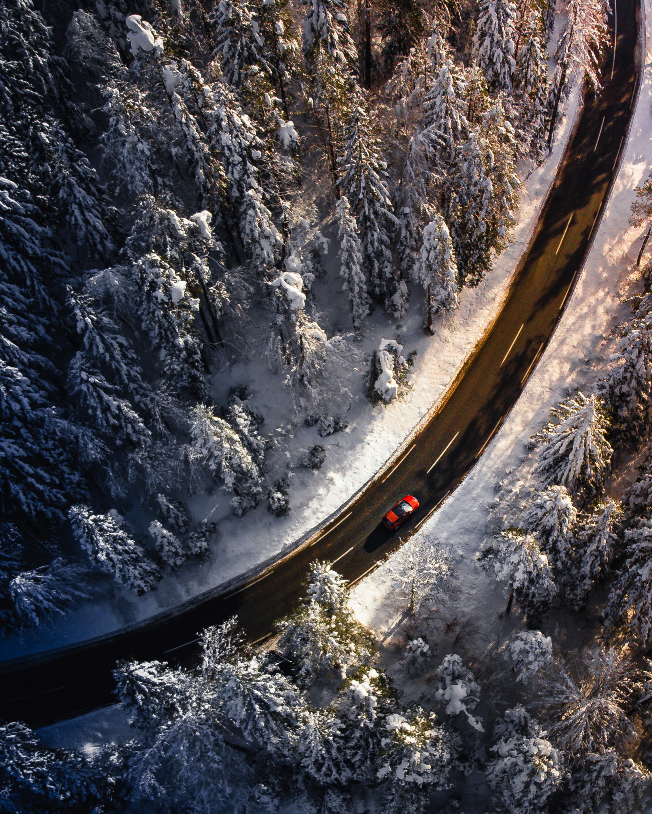The road on a snowy sunset