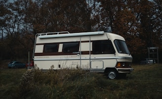 a motor home parked in a field next to a forest