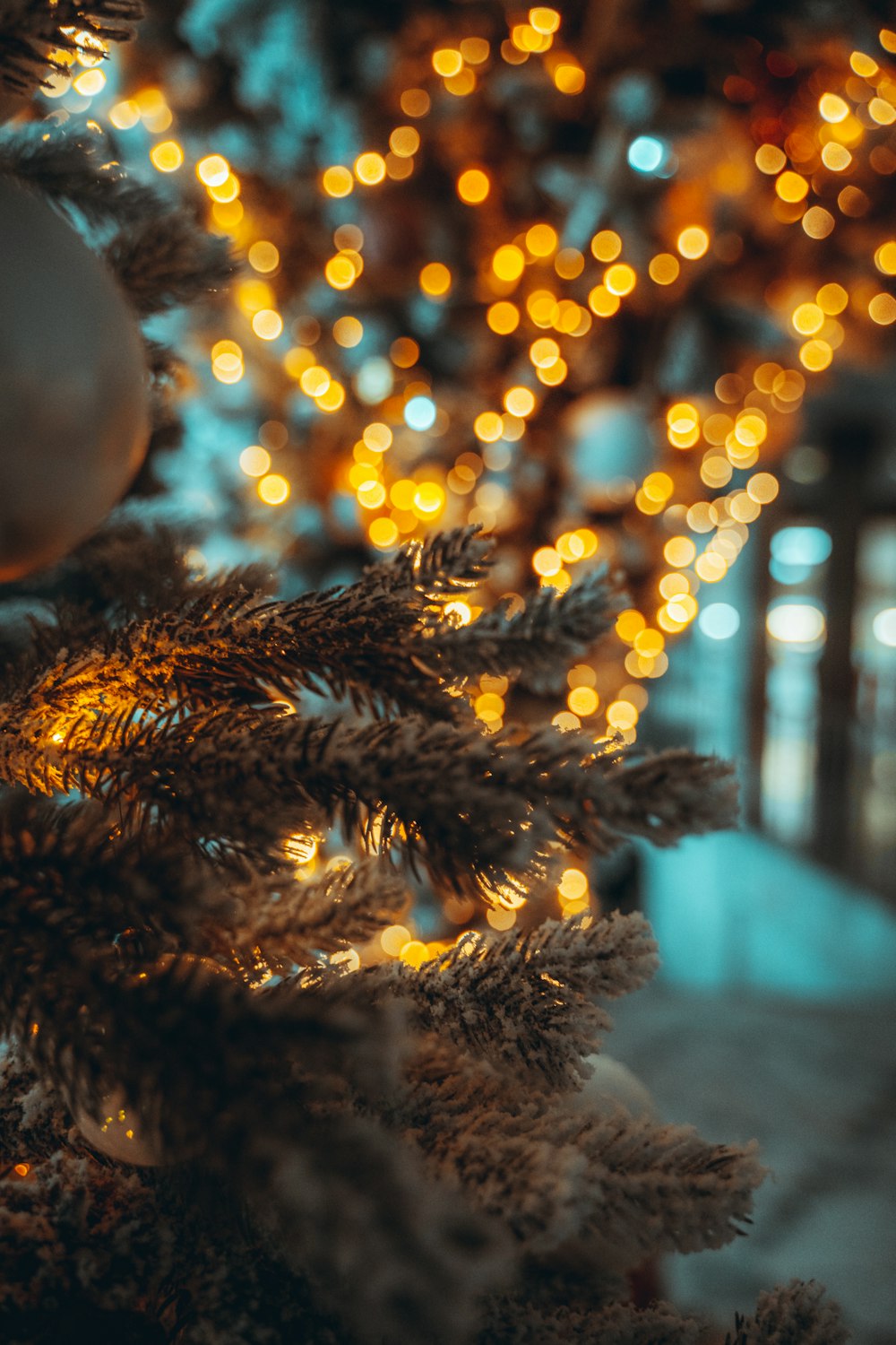 a close up of a christmas tree with lights in the background