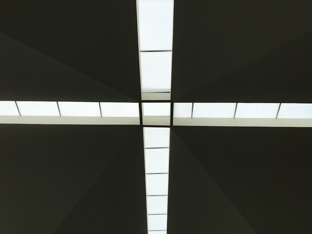 a black and white photo of the ceiling of a building