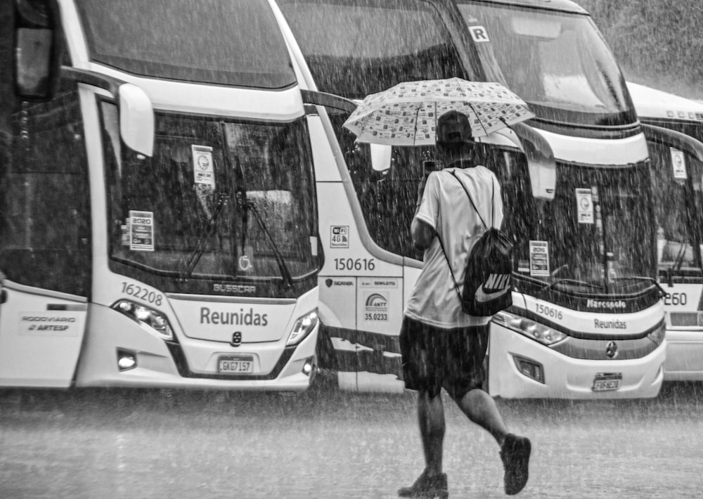 a man walking in the rain with an umbrella