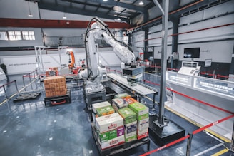 a machine is moving boxes in a factory