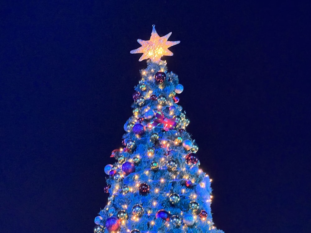 a brightly lit christmas tree with a star on top