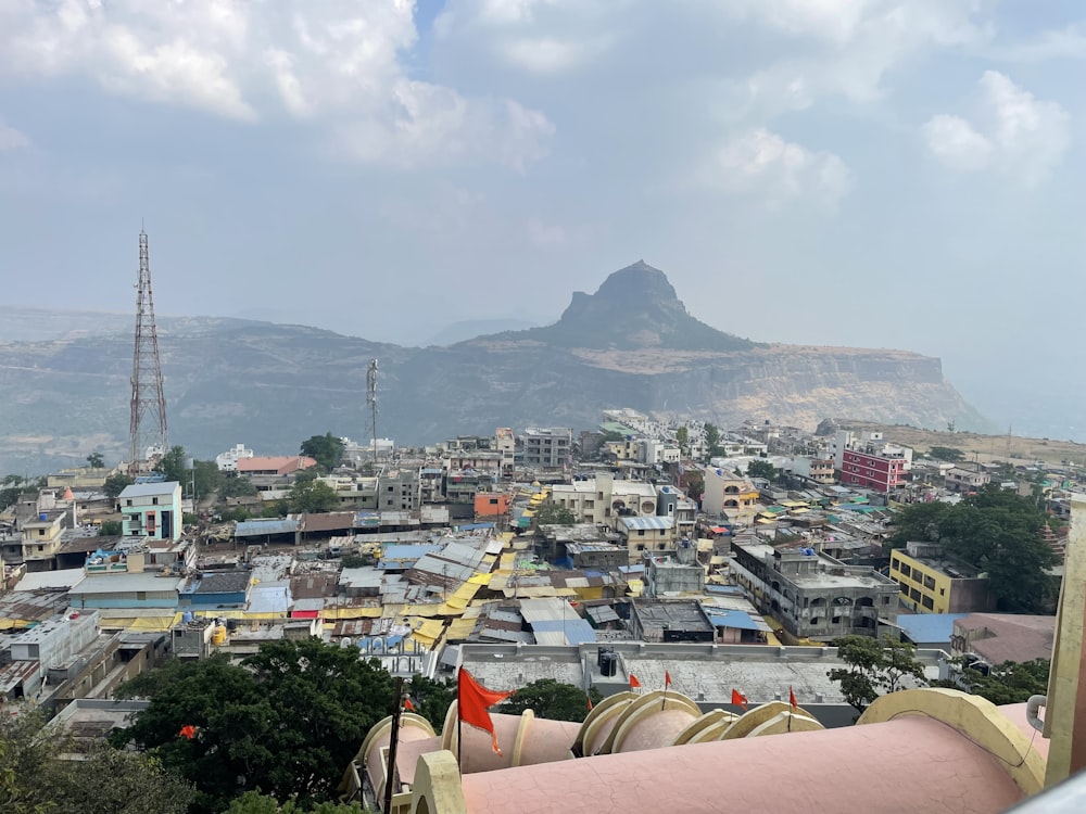 a view of a city with a mountain in the background