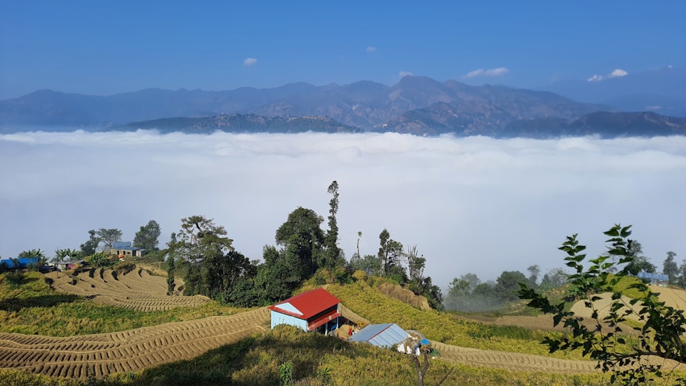 a farm with a red roof surrounded by fog