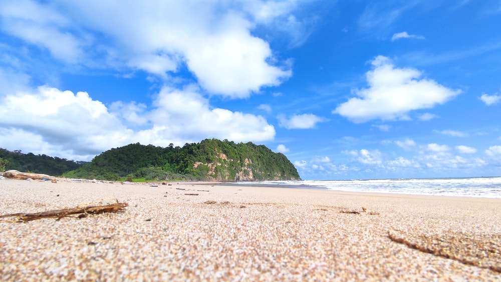 uma praia de areia com uma pequena ilha à distância