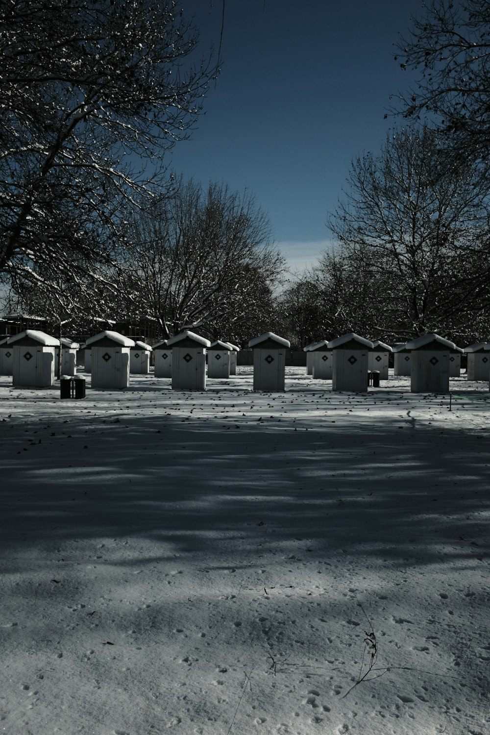 a row of small buildings sitting in the middle of a snow covered field