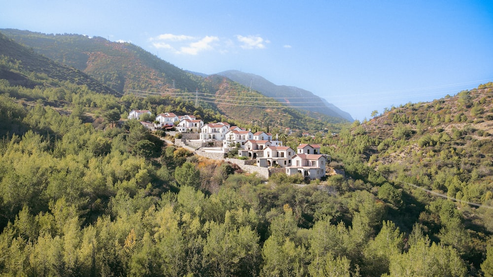 a small village nestled on a hillside surrounded by trees
