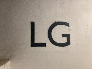 Large black letters 'LG' are painted on a textured, off-white wall. The surface shows slight imperfections and a shadow casts on the lower left corner.