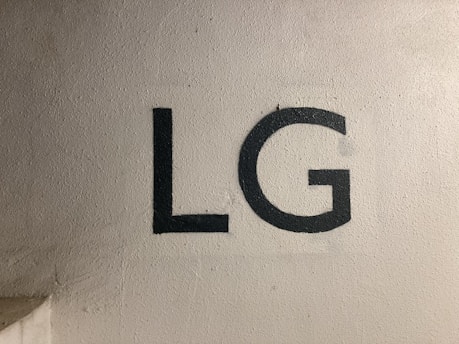 Large black letters 'LG' are painted on a textured, off-white wall. The surface shows slight imperfections and a shadow casts on the lower left corner.
