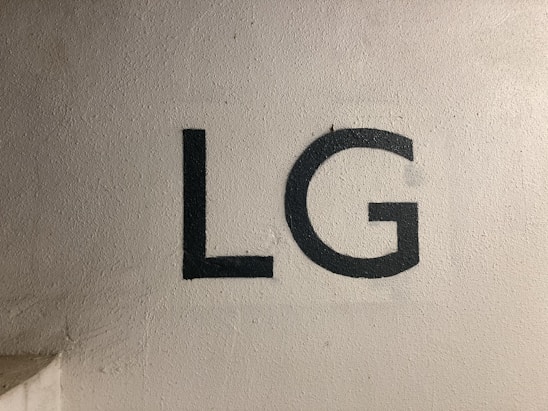 Large black letters 'LG' are painted on a textured, off-white wall. The surface shows slight imperfections and a shadow casts on the lower left corner.
