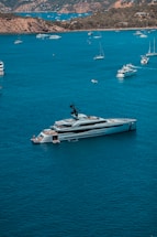 A beautiful seascape featuring a large, luxurious yacht on calm, blue waters. Several smaller boats are scattered around the bay, with a rugged coastline and forested hills in the background. The sky is clear, and the overall setting is peaceful and serene.