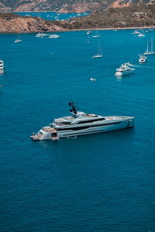 A beautiful seascape featuring a large, luxurious yacht on calm, blue waters. Several smaller boats are scattered around the bay, with a rugged coastline and forested hills in the background. The sky is clear, and the overall setting is peaceful and serene.