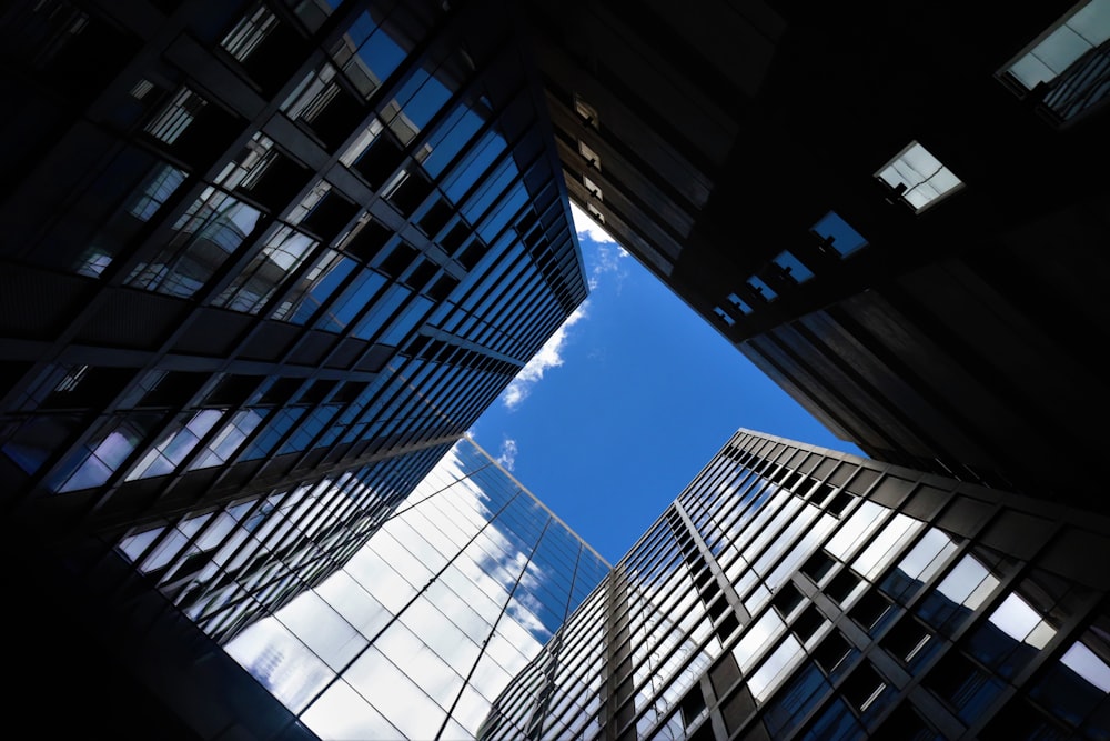 looking up at tall buildings in a city