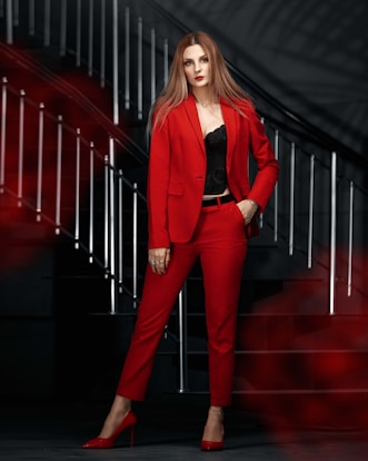 a woman in a red suit posing for a picture