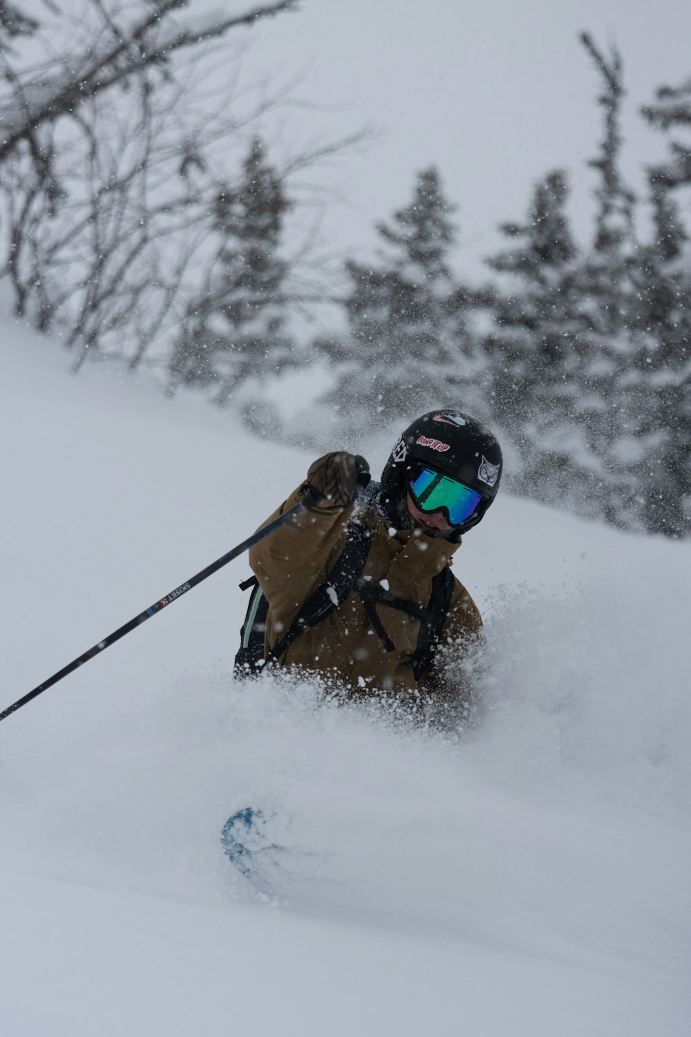 a person on skis in the snow with trees in the background