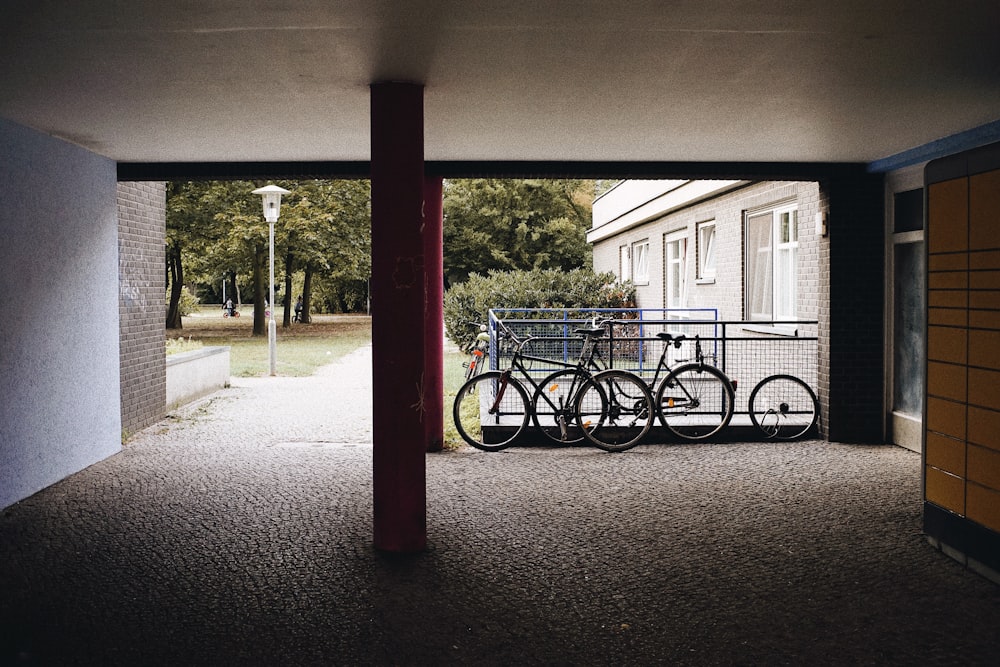 a bike is parked in a parking garage