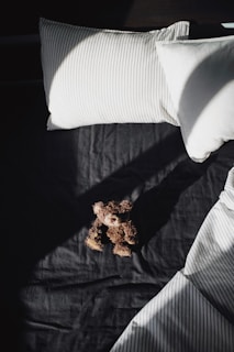 a teddy bear laying on a bed with two pillows