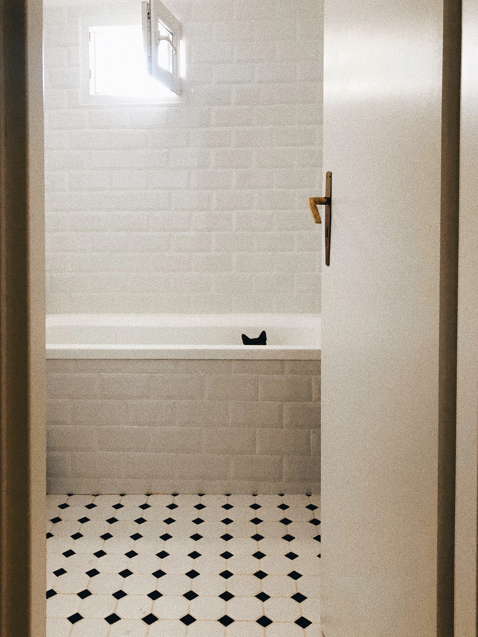A bathroom with a black and white tiled floor