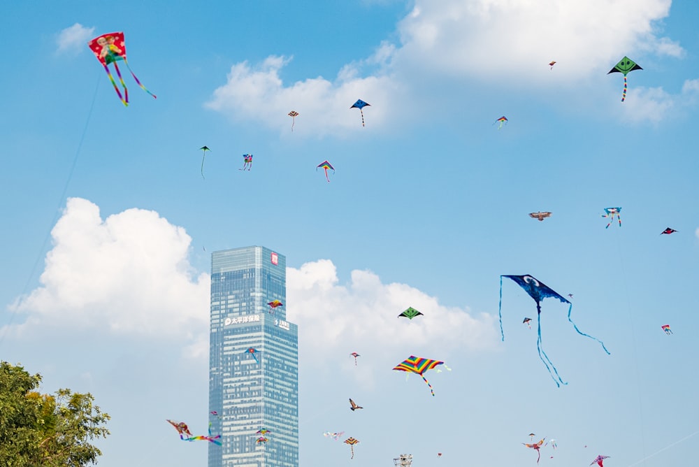 a group of people flying kites in the sky