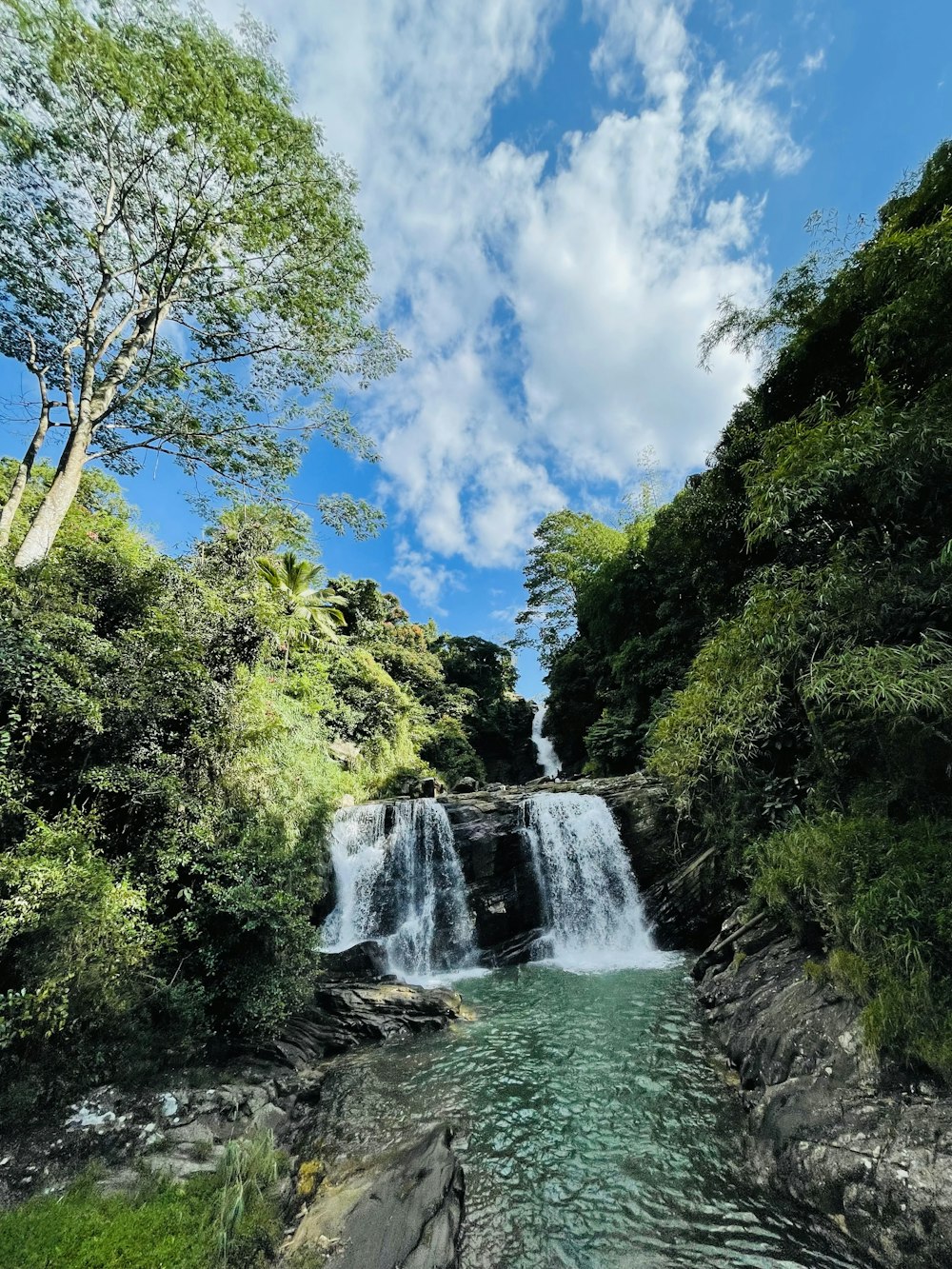 a small waterfall in the middle of a forest