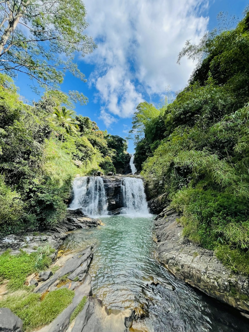 a small waterfall in the middle of a forest