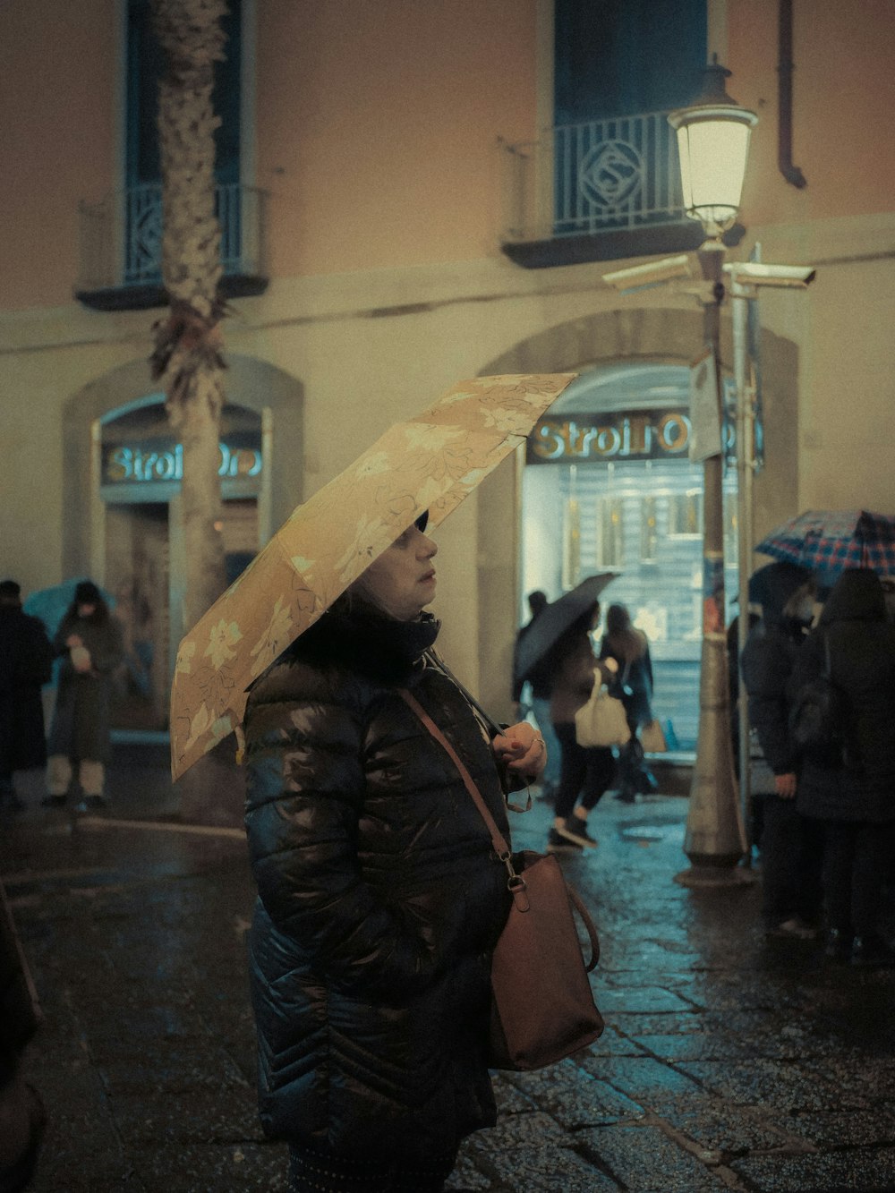 a woman holding an umbrella in the rain