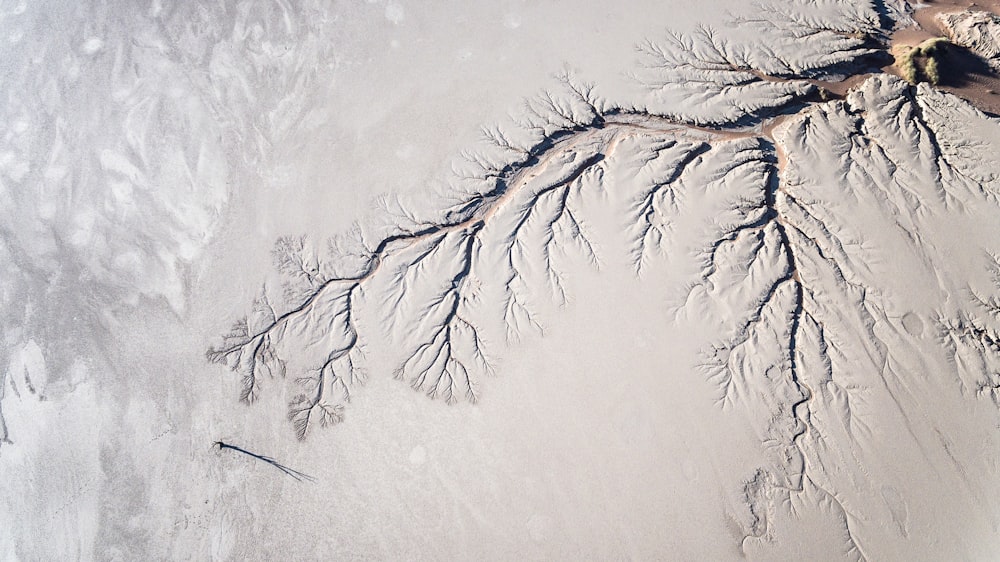 an aerial view of a river running through the sand