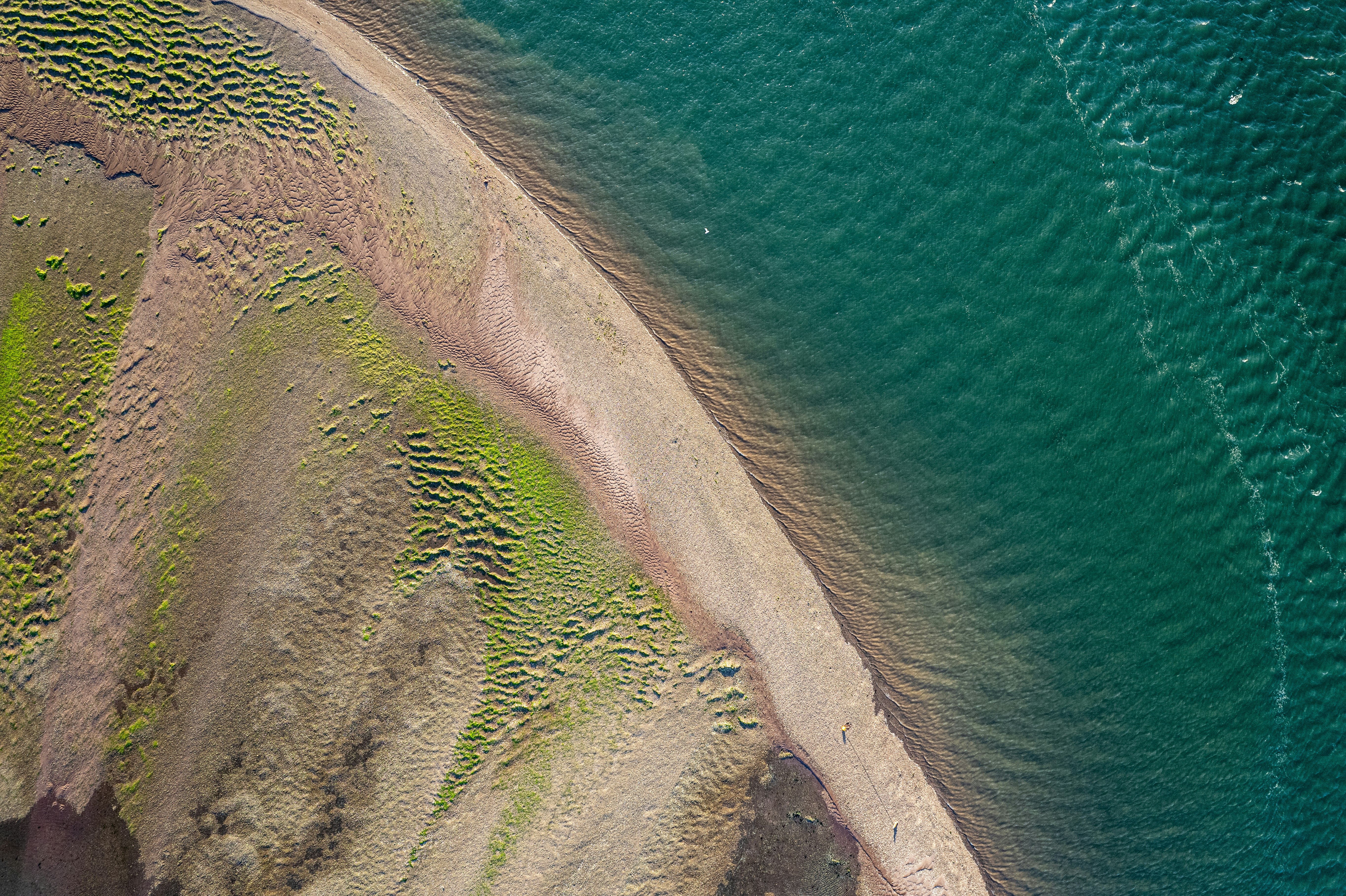 Aerial view of the Teign near Teignmouth at low tide showing the sandy shore and blue water.